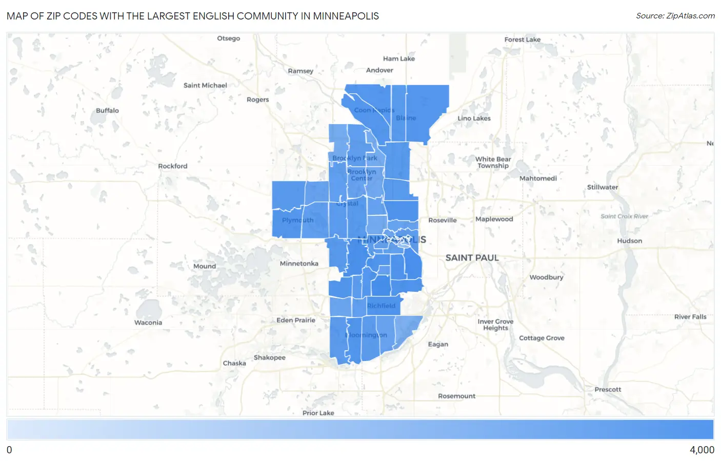 Zip Codes with the Largest English Community in Minneapolis Map