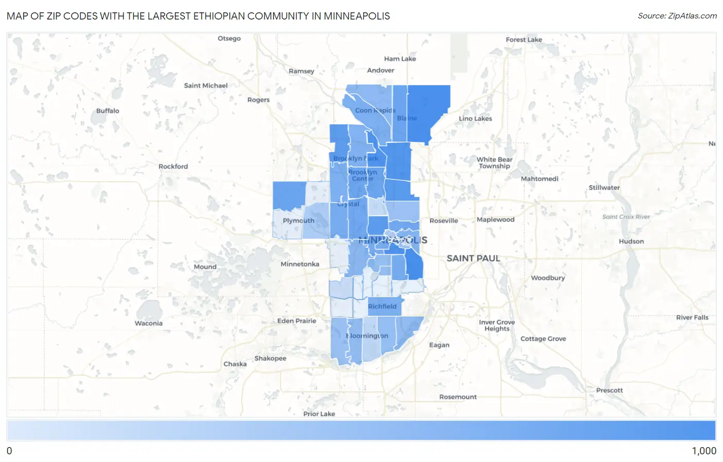 Zip Codes with the Largest Ethiopian Community in Minneapolis Map