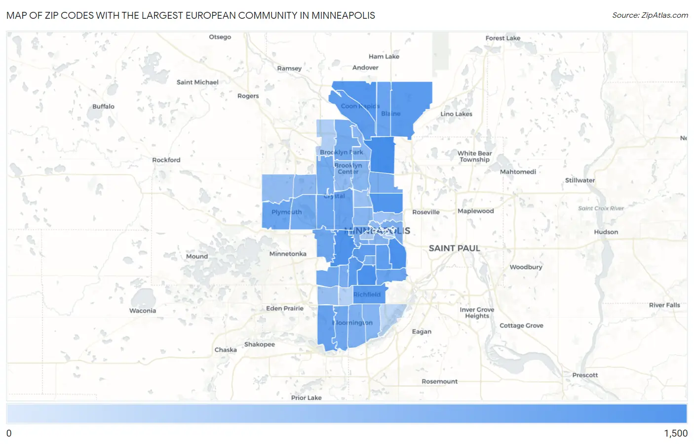 Zip Codes with the Largest European Community in Minneapolis Map