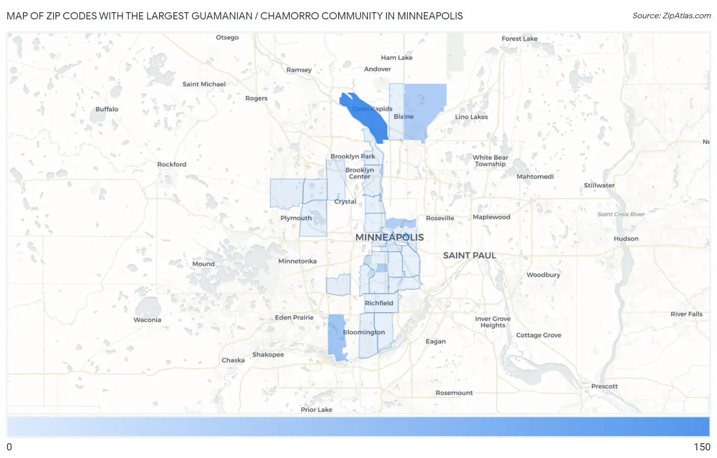 Zip Codes with the Largest Guamanian / Chamorro Community in Minneapolis Map