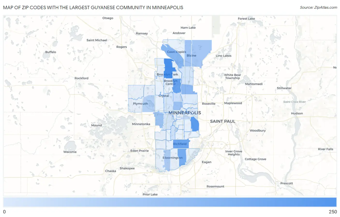 Zip Codes with the Largest Guyanese Community in Minneapolis Map