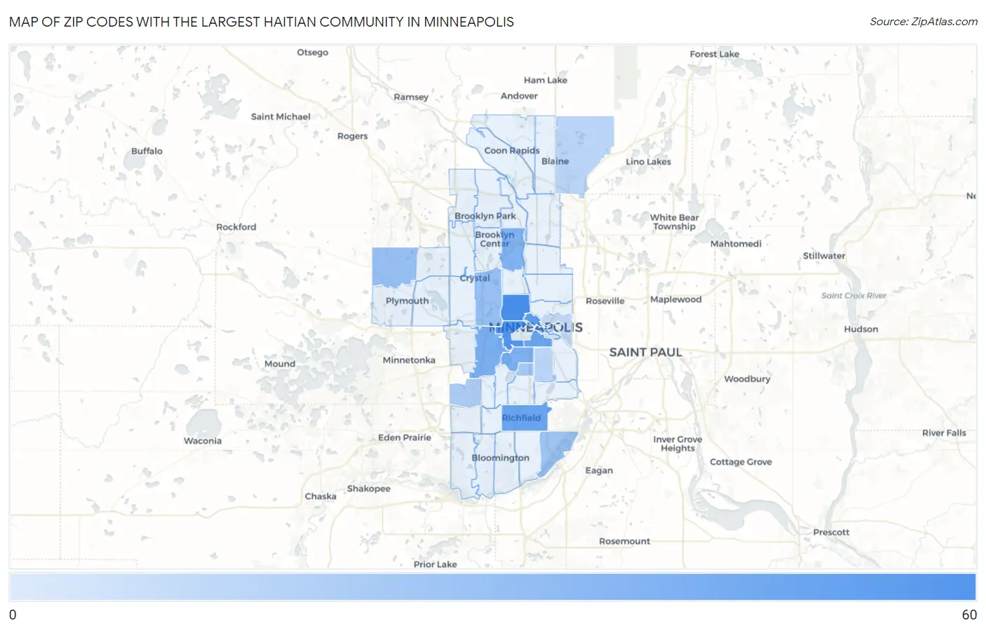 Zip Codes with the Largest Haitian Community in Minneapolis Map