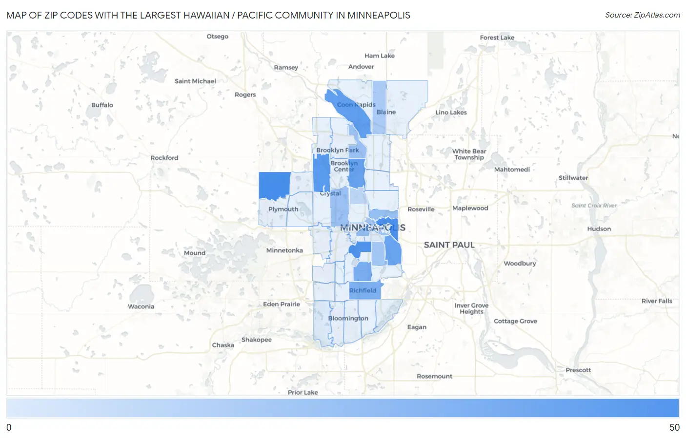 Zip Codes with the Largest Hawaiian / Pacific Community in Minneapolis Map