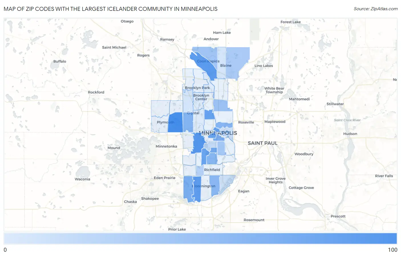 Zip Codes with the Largest Icelander Community in Minneapolis Map