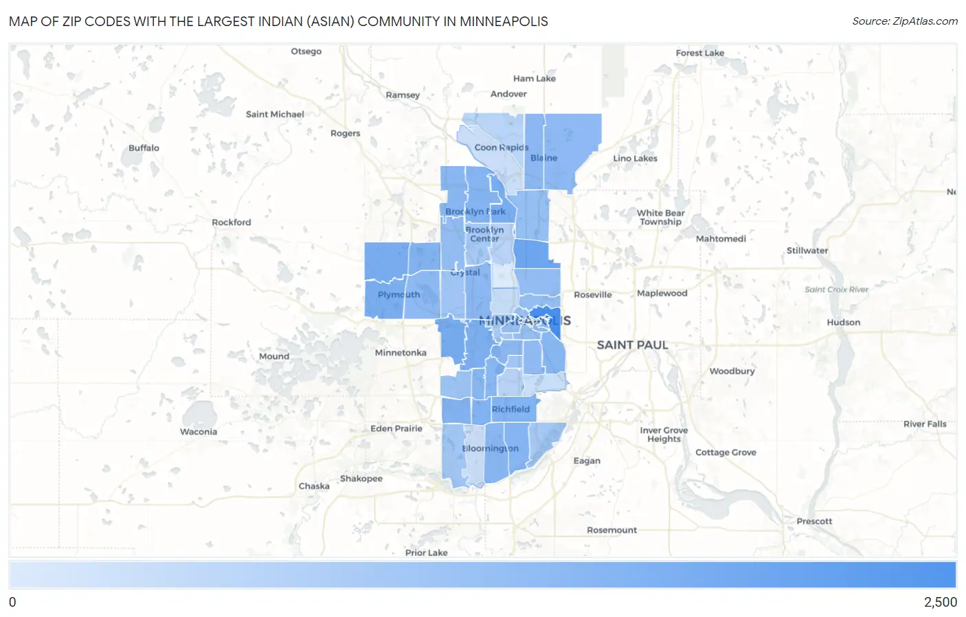 Zip Codes with the Largest Indian (Asian) Community in Minneapolis Map