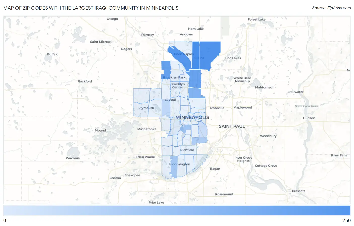 Zip Codes with the Largest Iraqi Community in Minneapolis Map