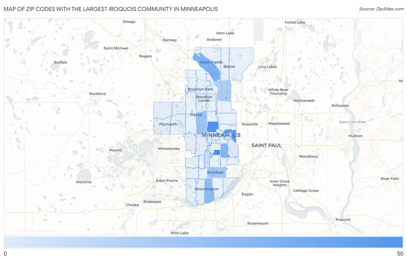 Zip Codes with the Largest Iroquois Community in Minneapolis Map