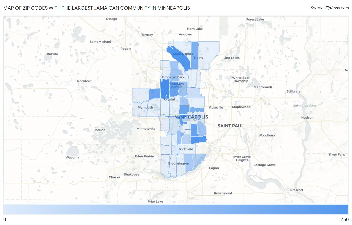 Zip Codes with the Largest Jamaican Community in Minneapolis Map
