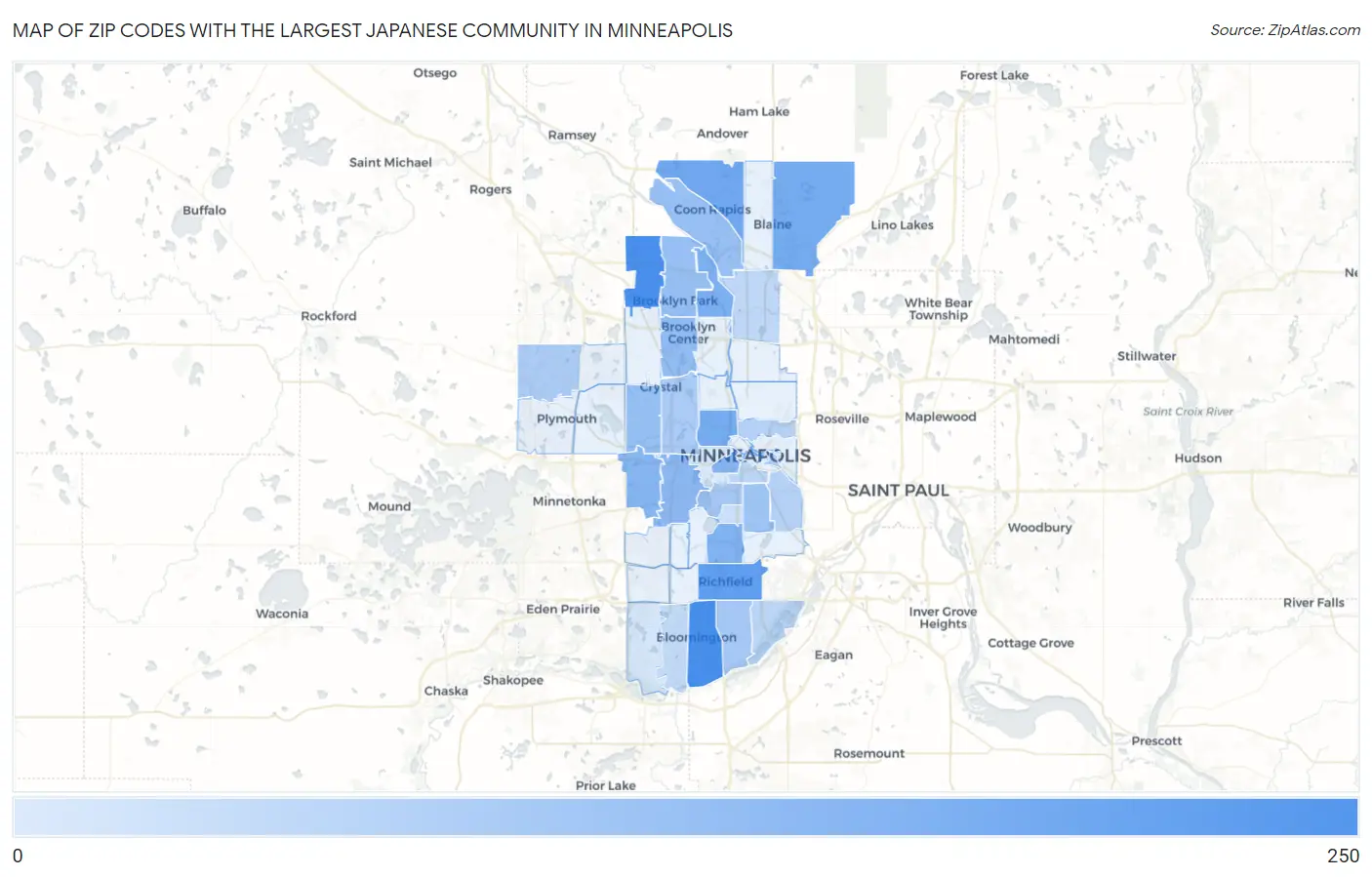 Zip Codes with the Largest Japanese Community in Minneapolis Map