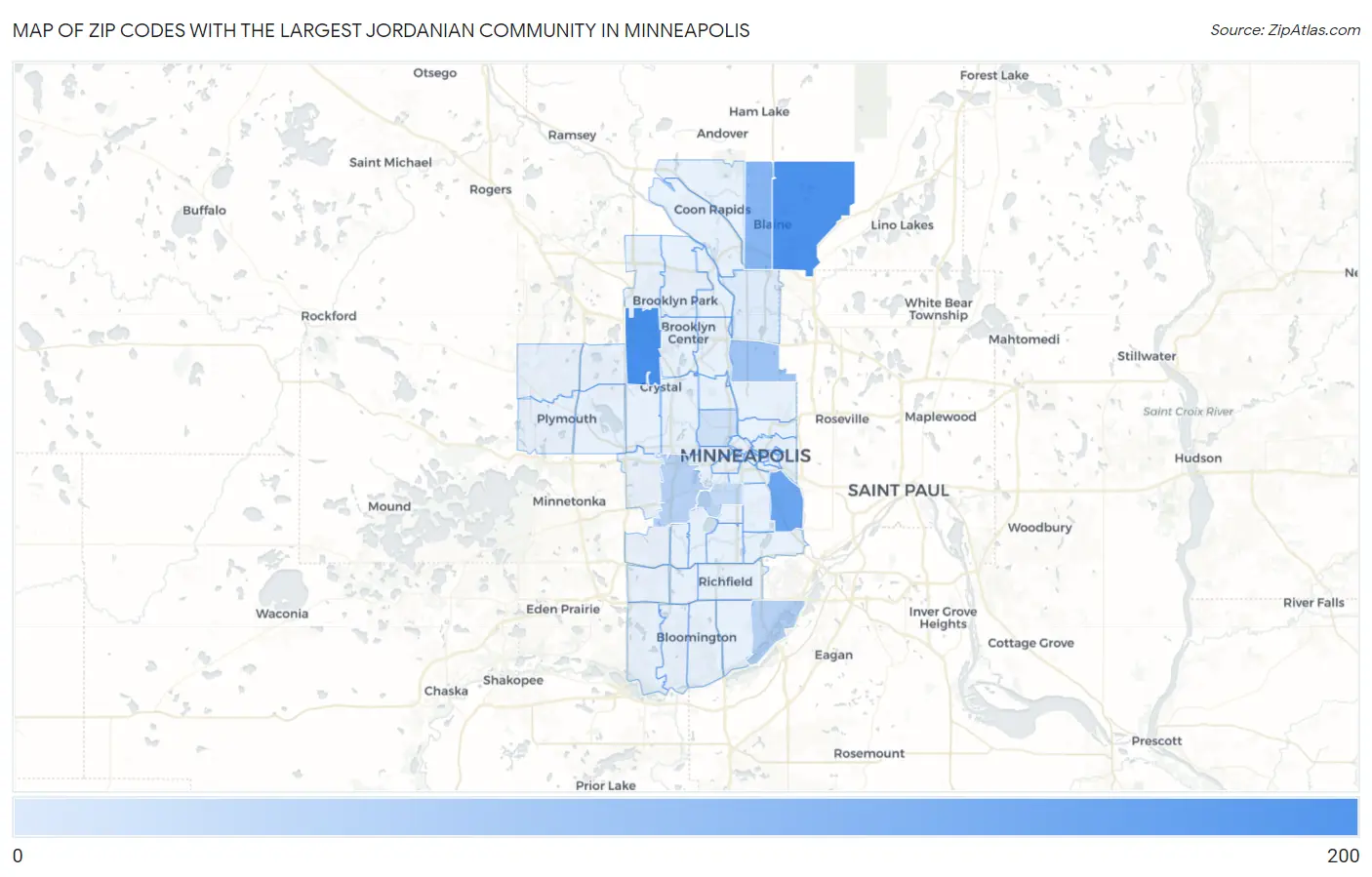 Zip Codes with the Largest Jordanian Community in Minneapolis Map