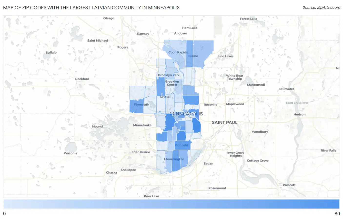 Zip Codes with the Largest Latvian Community in Minneapolis Map