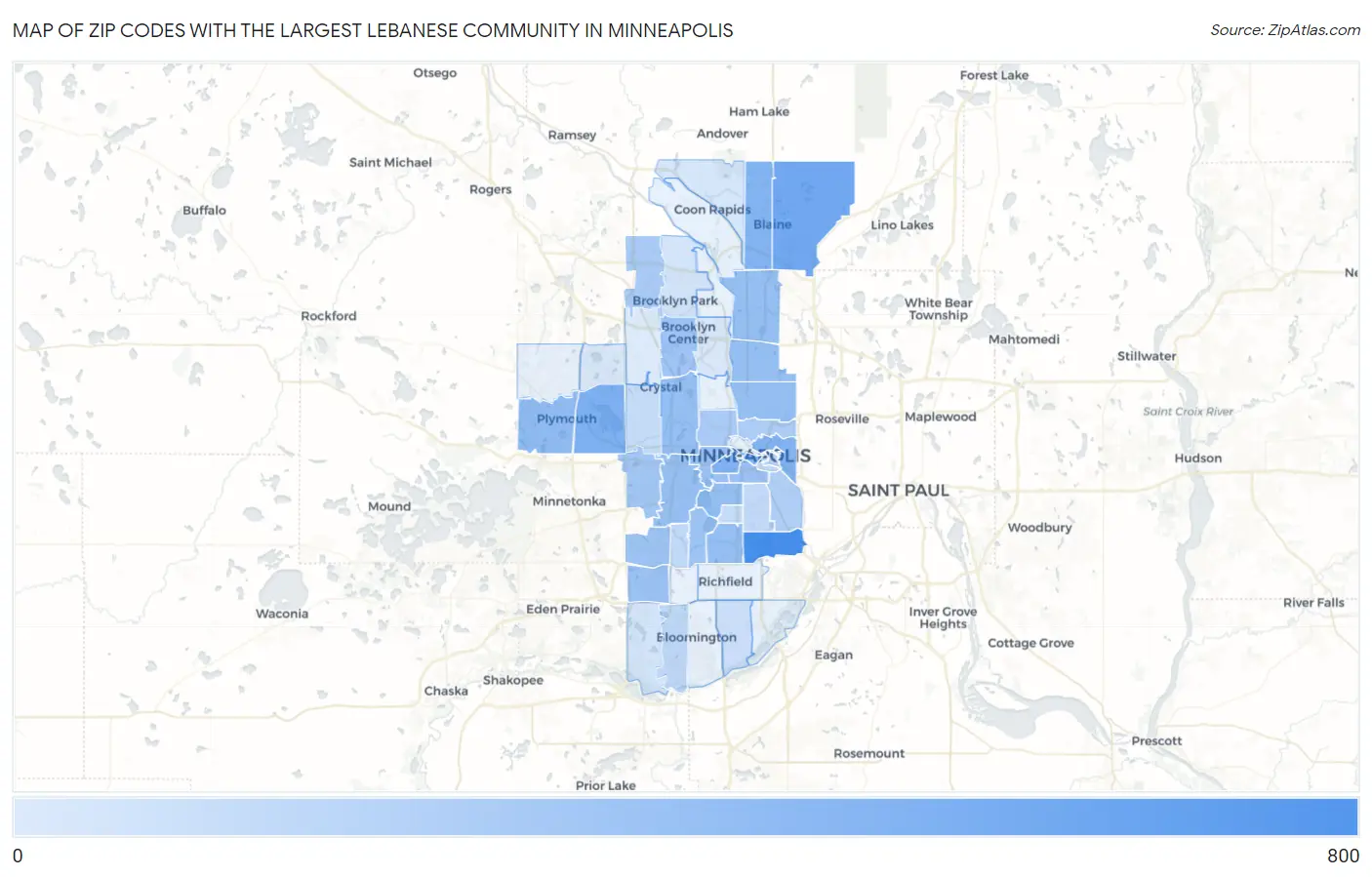 Zip Codes with the Largest Lebanese Community in Minneapolis Map