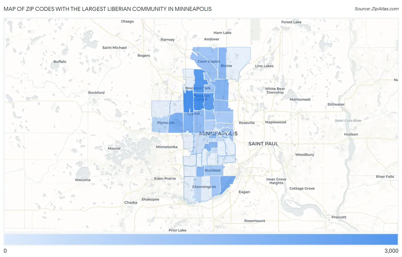 Zip Codes with the Largest Liberian Community in Minneapolis Map