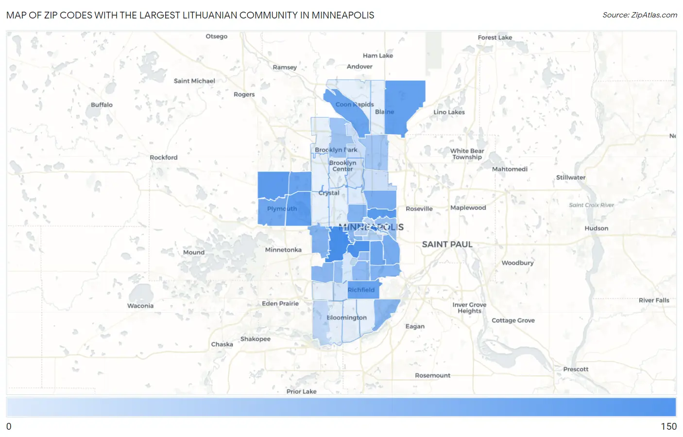 Zip Codes with the Largest Lithuanian Community in Minneapolis Map