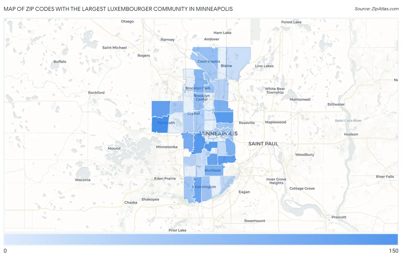 Zip Codes with the Largest Luxembourger Community in Minneapolis Map