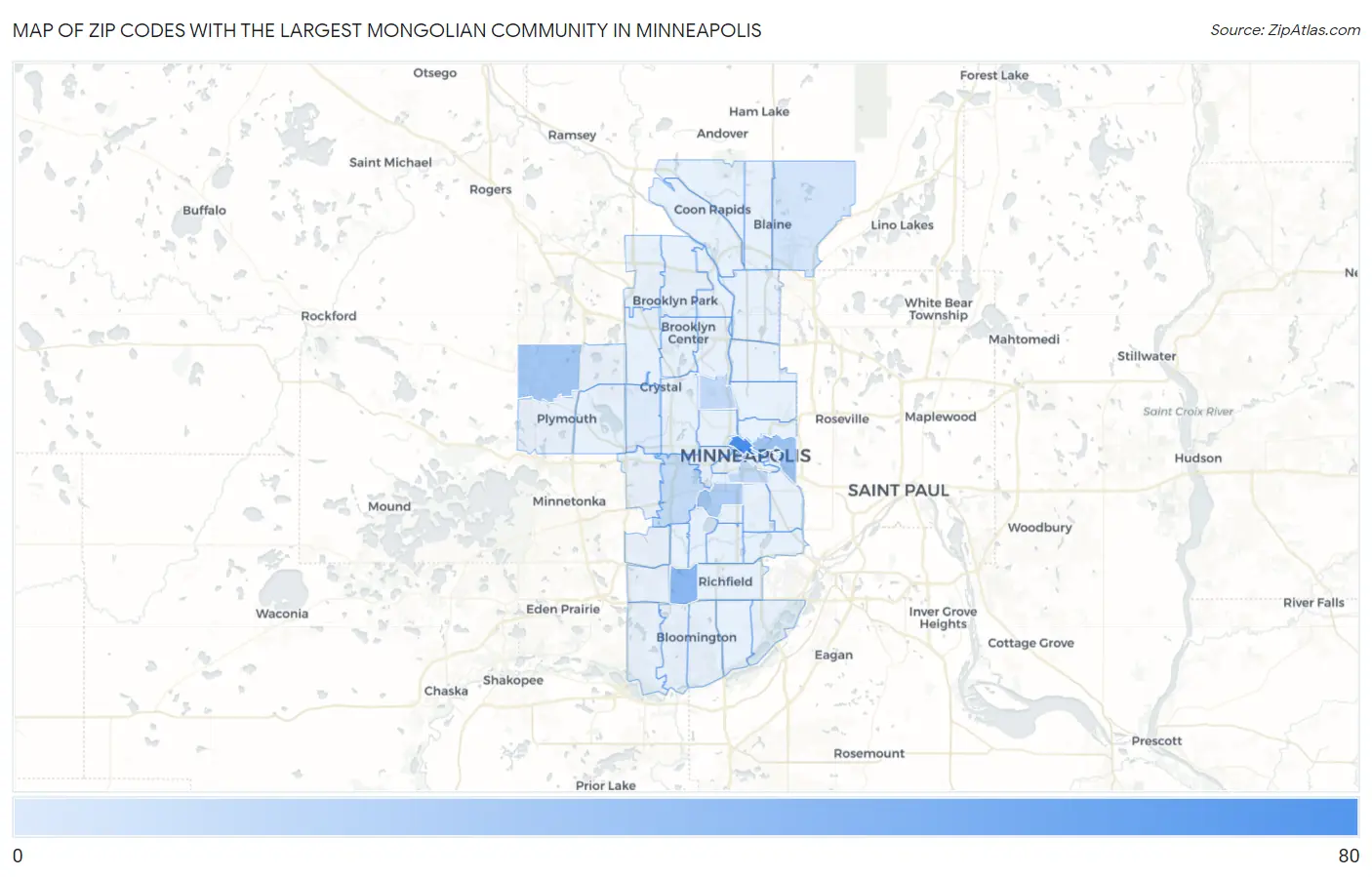 Zip Codes with the Largest Mongolian Community in Minneapolis Map