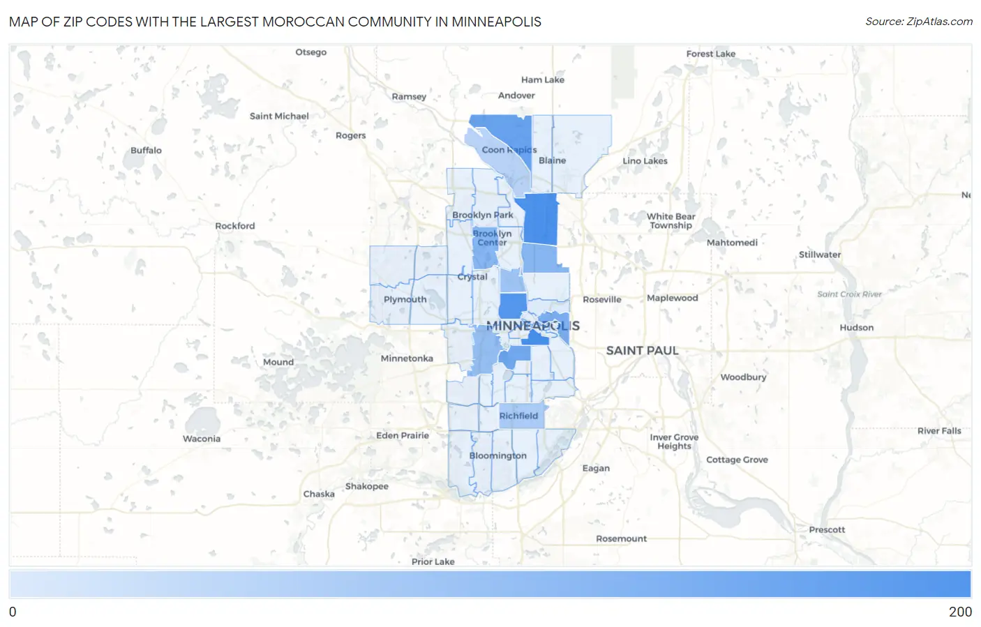 Zip Codes with the Largest Moroccan Community in Minneapolis Map