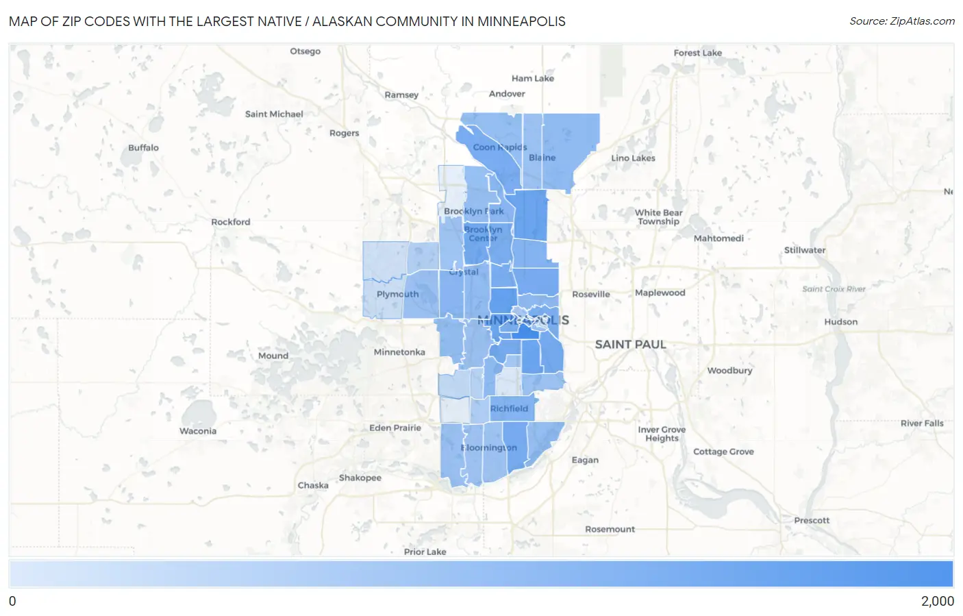 Zip Codes with the Largest Native / Alaskan Community in Minneapolis Map