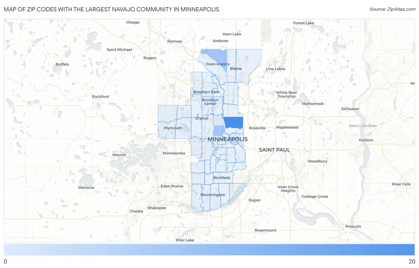 Zip Codes with the Largest Navajo Community in Minneapolis Map