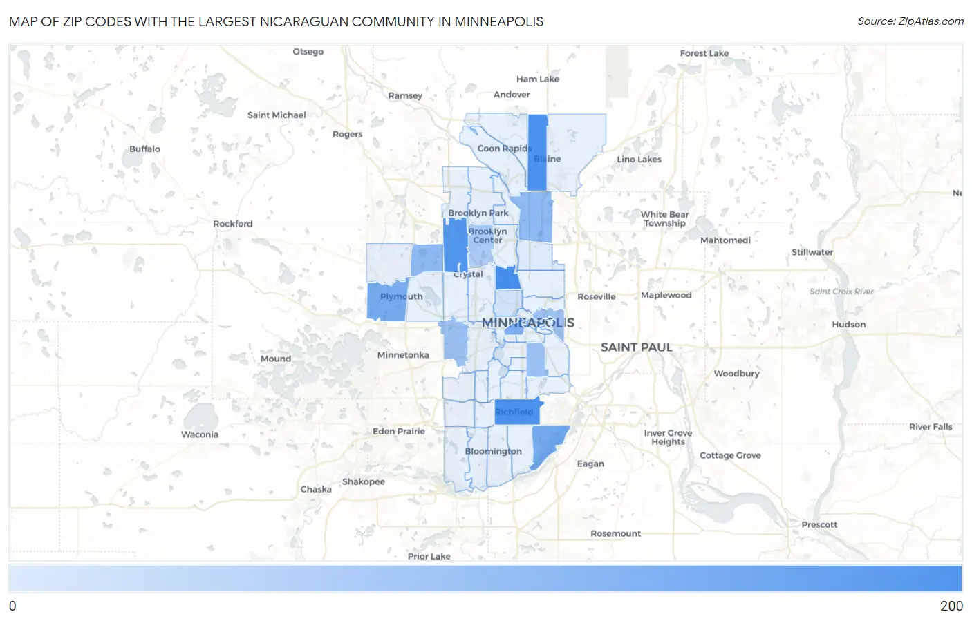 Zip Codes with the Largest Nicaraguan Community in Minneapolis Map