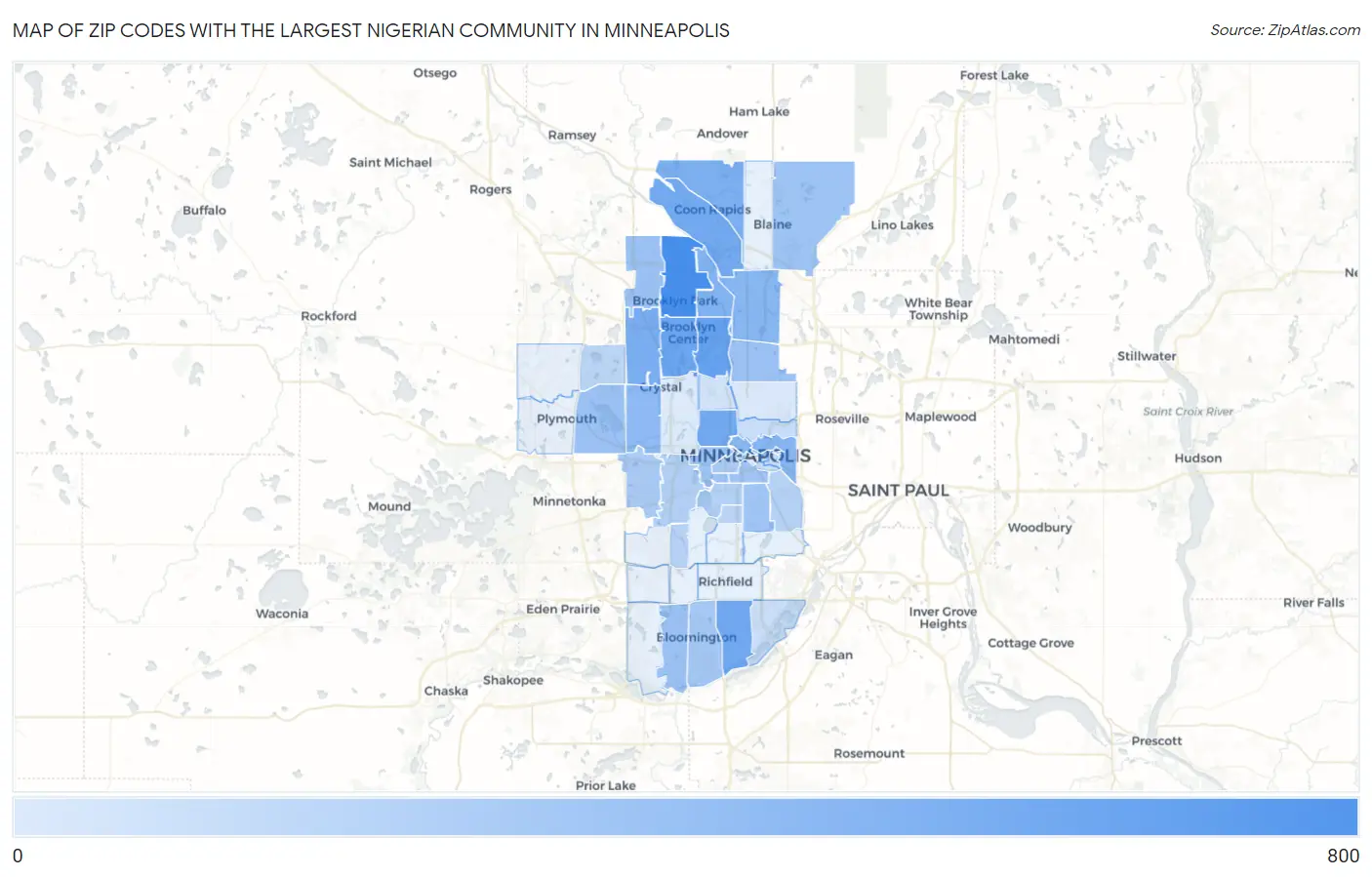 Zip Codes with the Largest Nigerian Community in Minneapolis Map