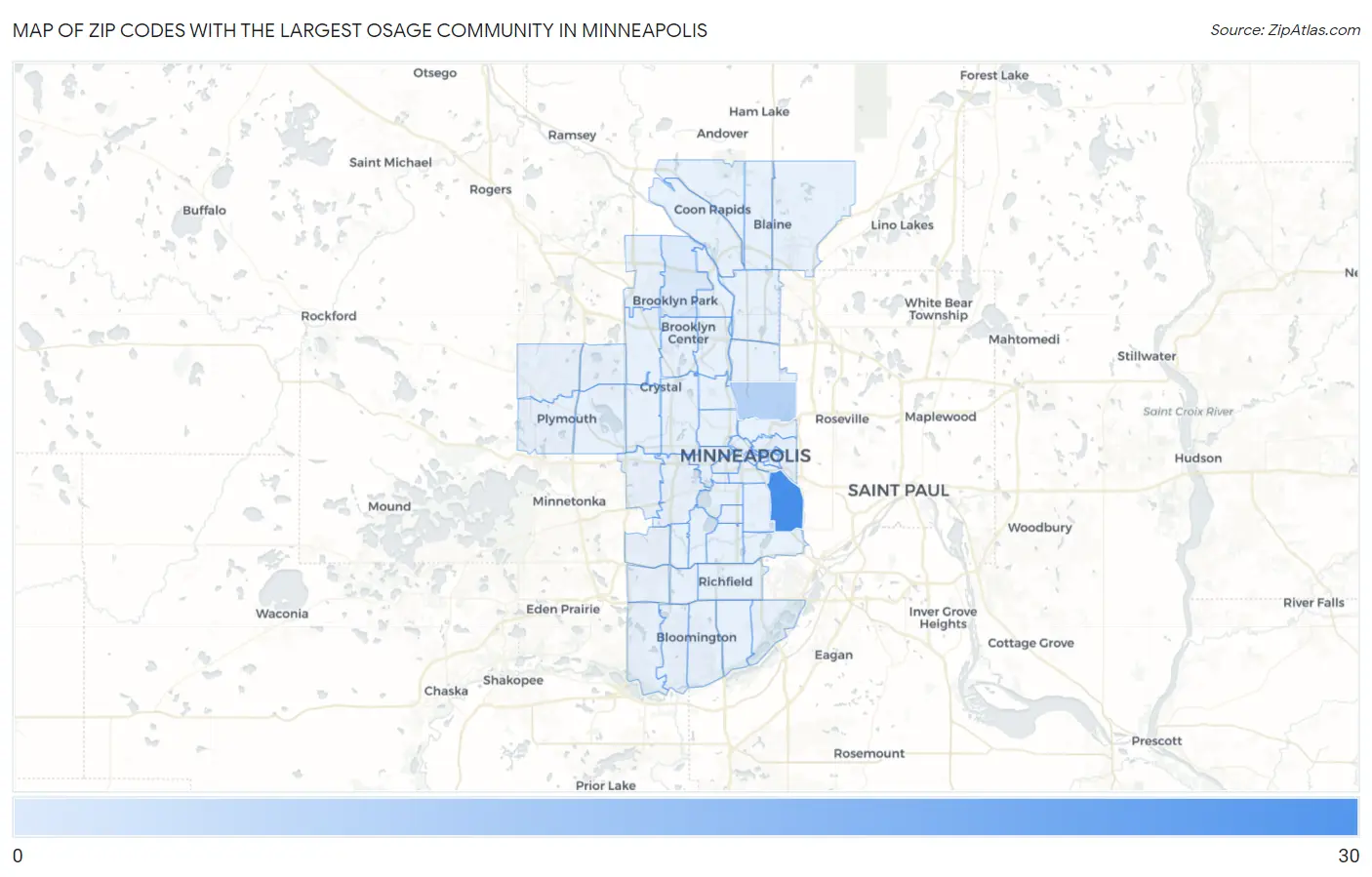 Zip Codes with the Largest Osage Community in Minneapolis Map