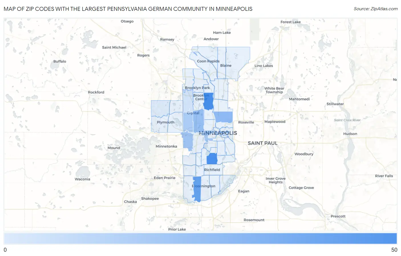 Zip Codes with the Largest Pennsylvania German Community in Minneapolis Map