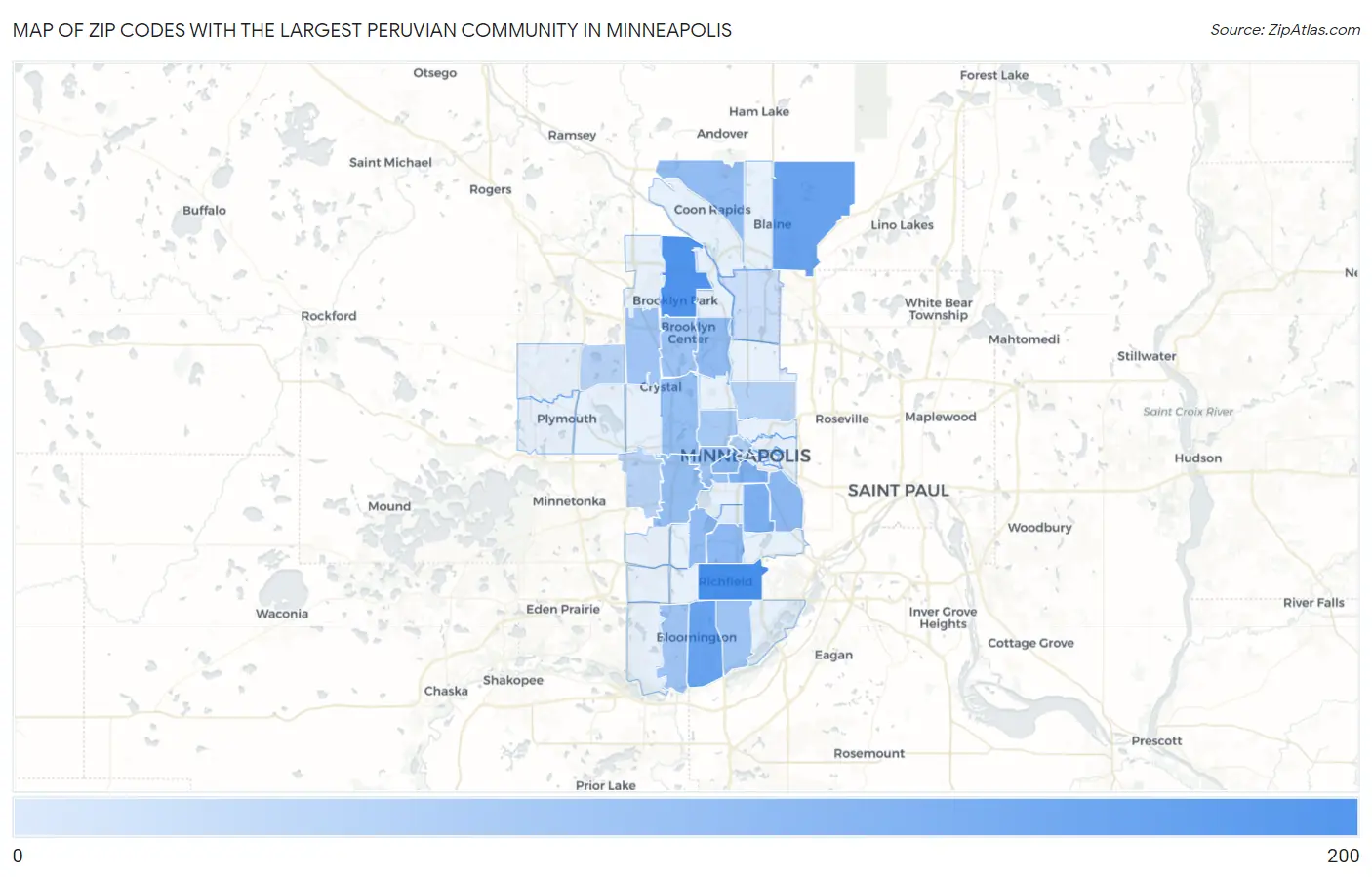 Zip Codes with the Largest Peruvian Community in Minneapolis Map