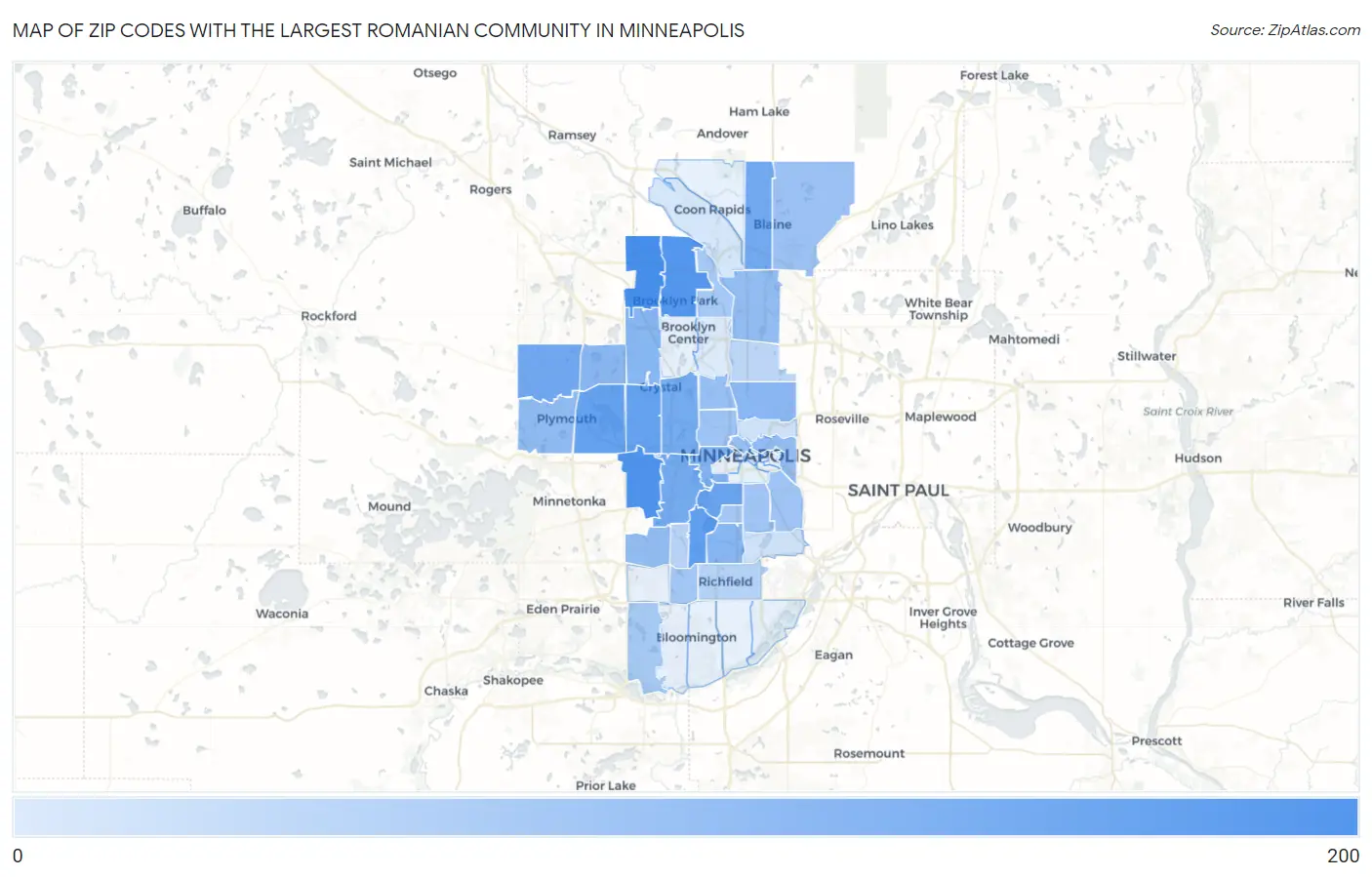 Zip Codes with the Largest Romanian Community in Minneapolis Map