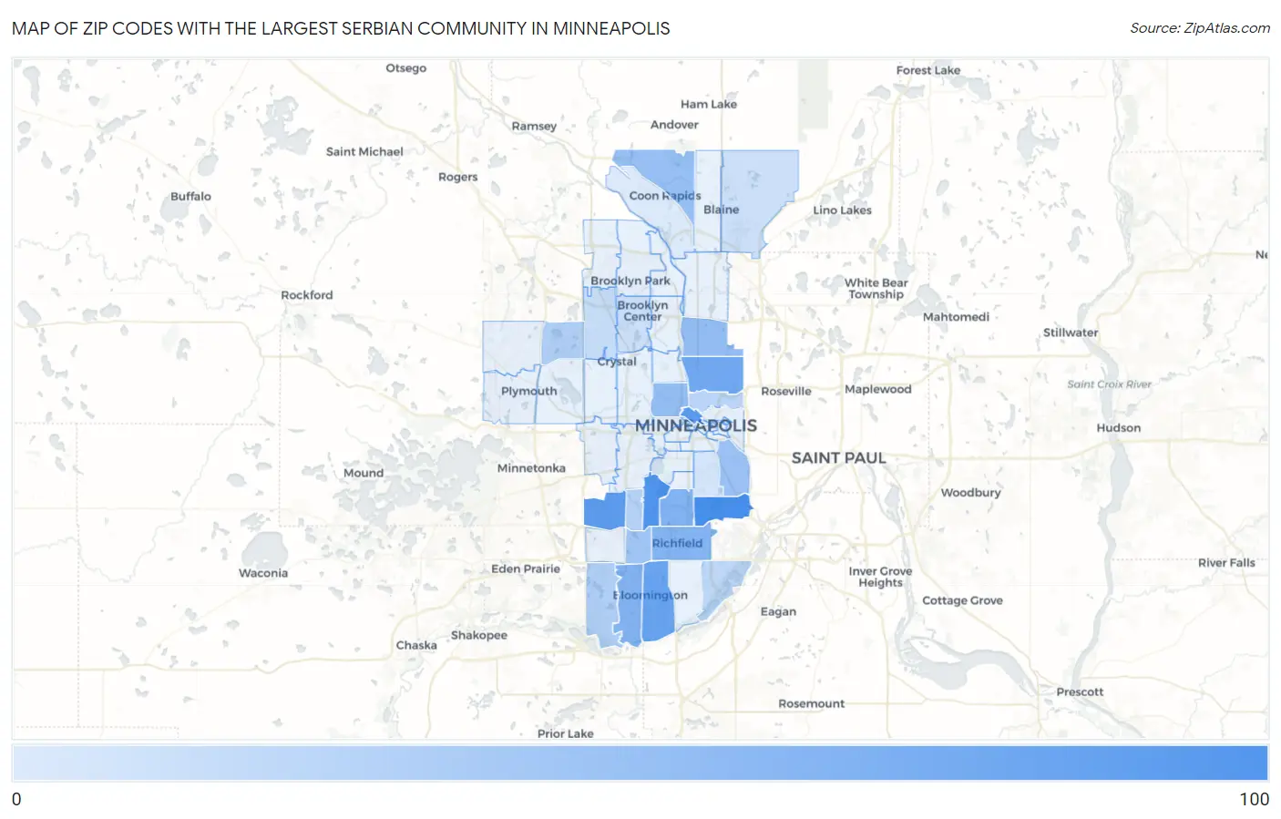 Zip Codes with the Largest Serbian Community in Minneapolis Map