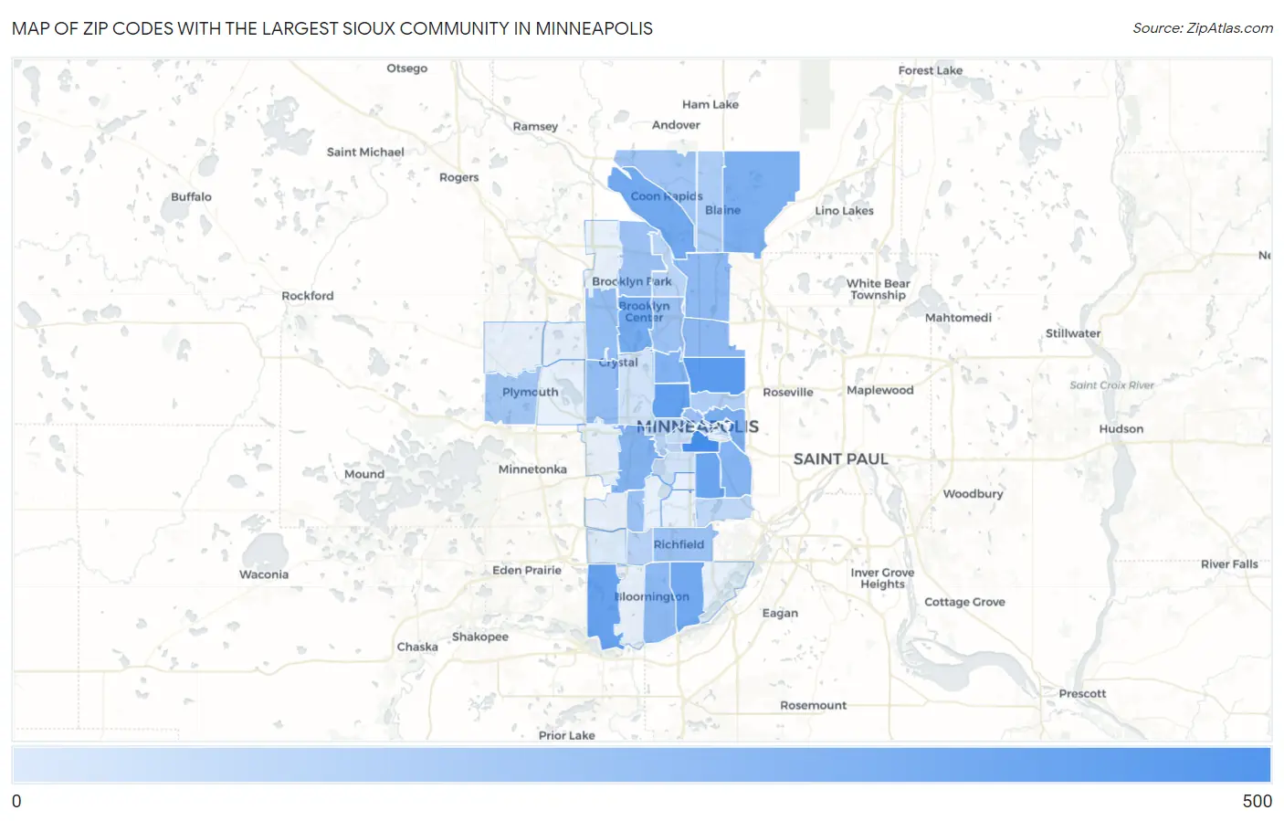 Zip Codes with the Largest Sioux Community in Minneapolis Map