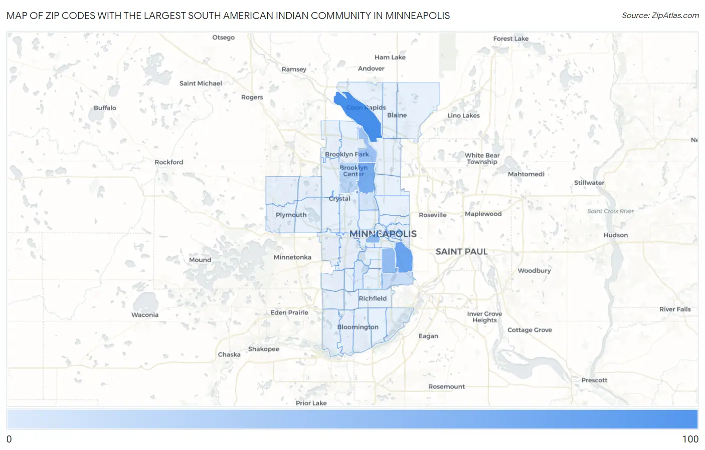 Zip Codes with the Largest South American Indian Community in Minneapolis Map