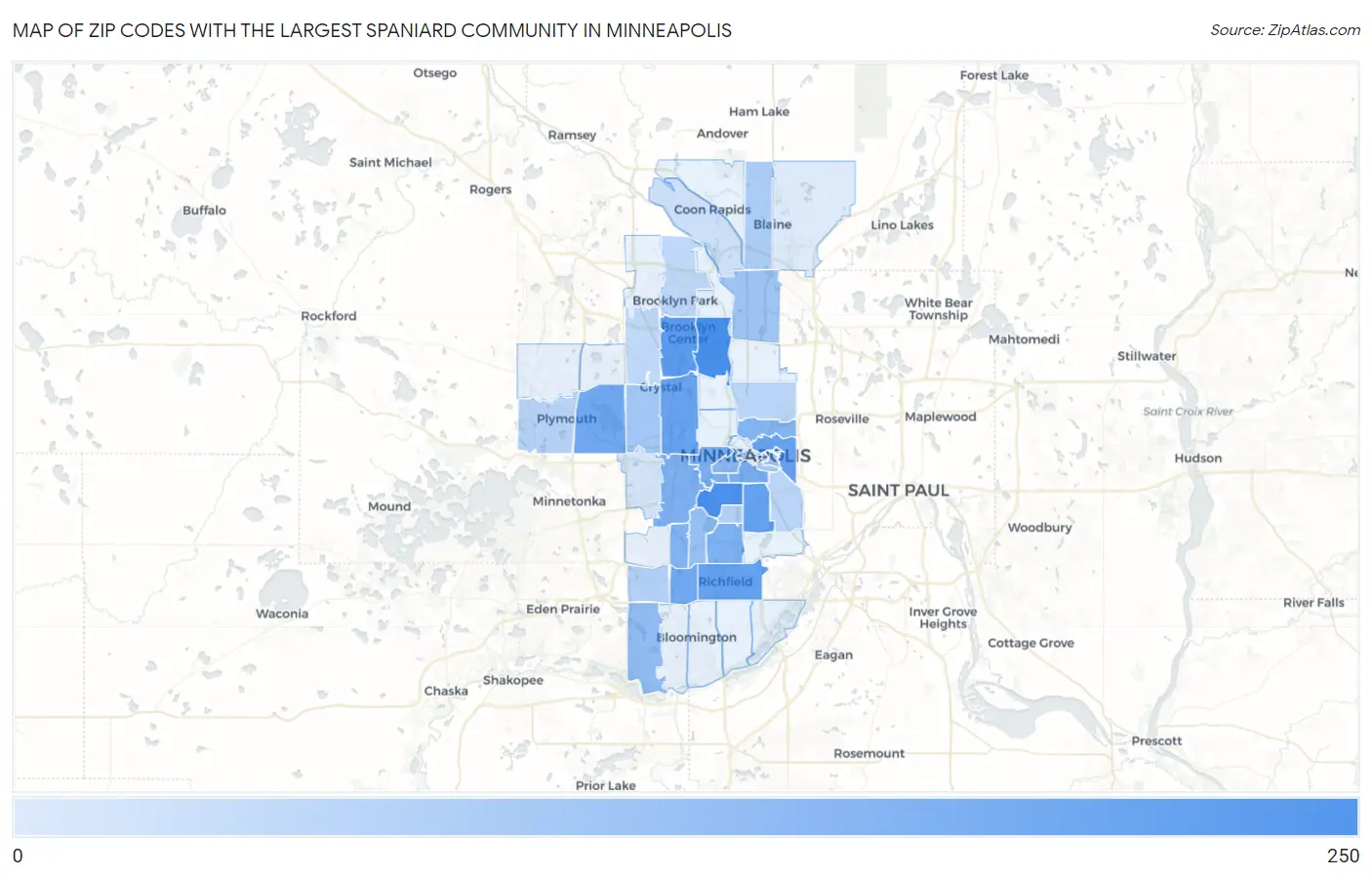 Zip Codes with the Largest Spaniard Community in Minneapolis Map