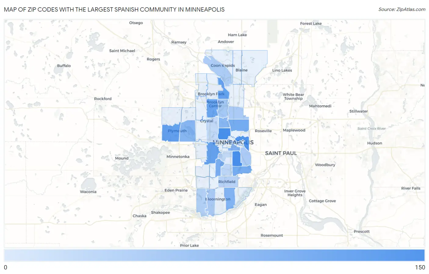 Zip Codes with the Largest Spanish Community in Minneapolis Map