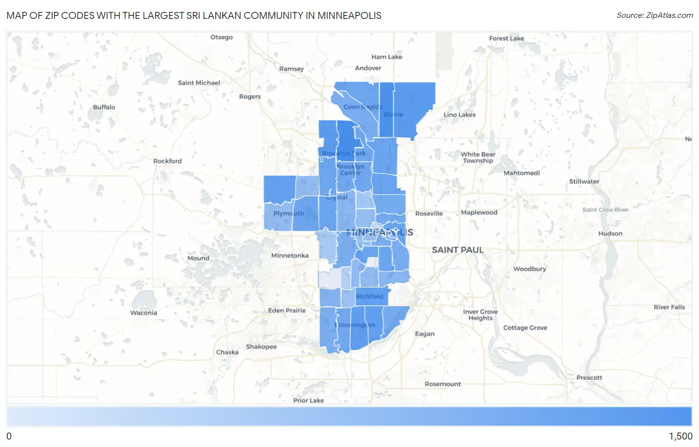 Zip Codes with the Largest Sri Lankan Community in Minneapolis Map