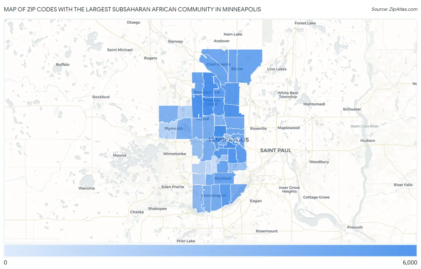 Zip Codes with the Largest Subsaharan African Community in Minneapolis Map