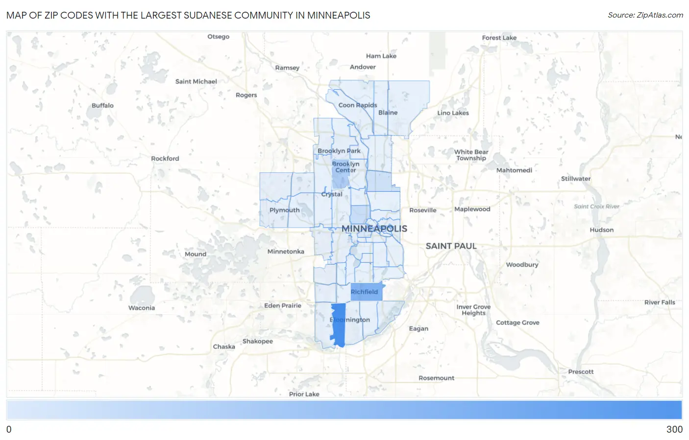 Zip Codes with the Largest Sudanese Community in Minneapolis Map