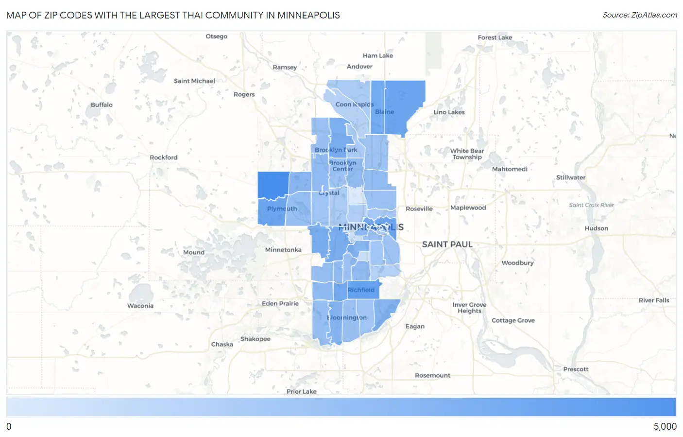 Zip Codes with the Largest Thai Community in Minneapolis Map