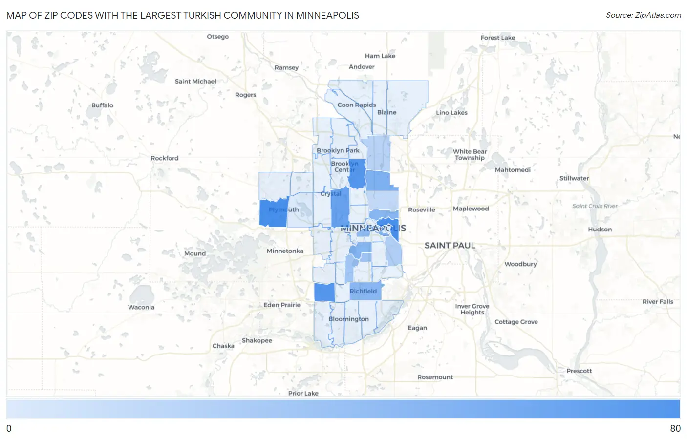 Zip Codes with the Largest Turkish Community in Minneapolis Map
