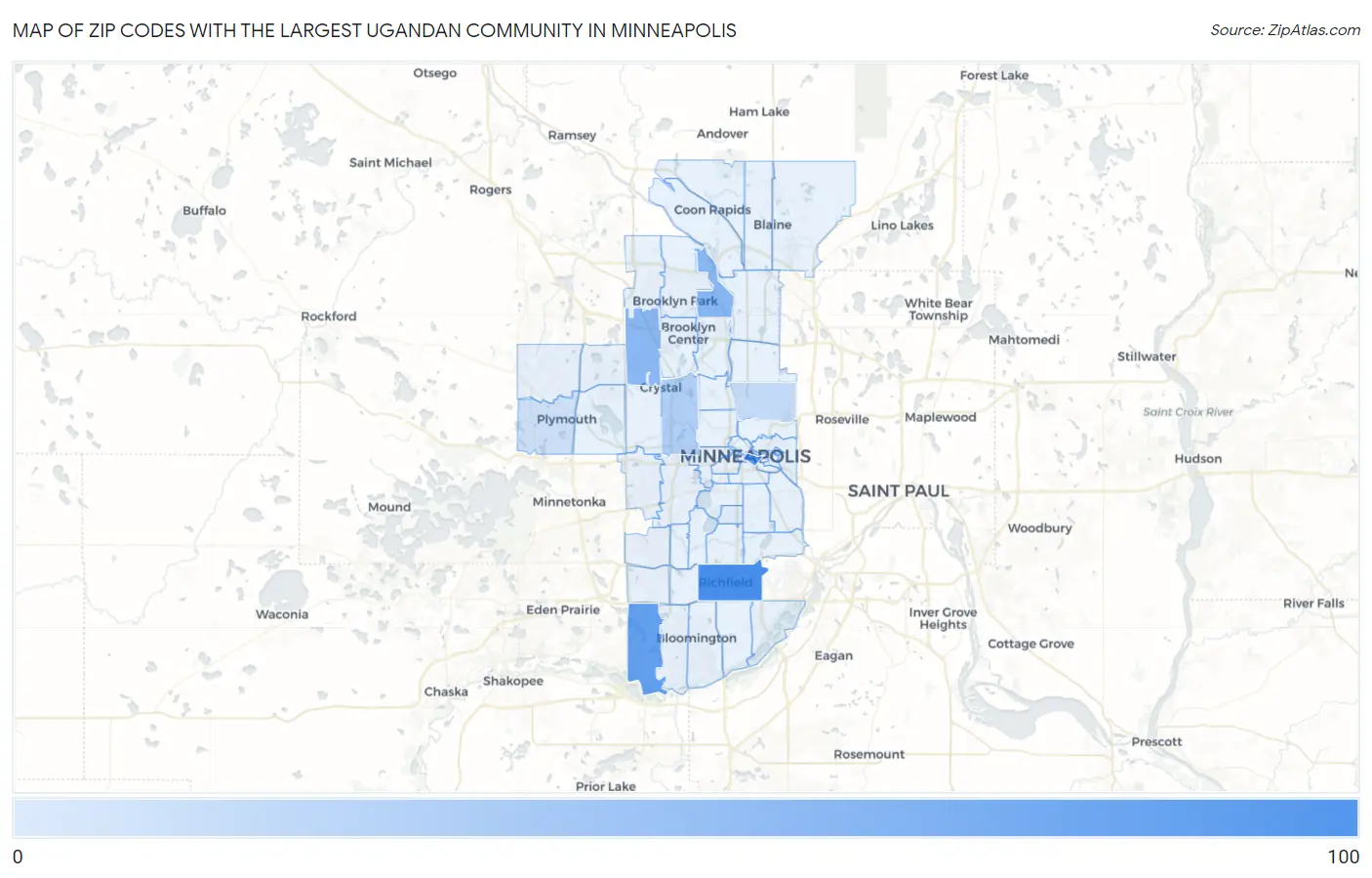 Zip Codes with the Largest Ugandan Community in Minneapolis Map