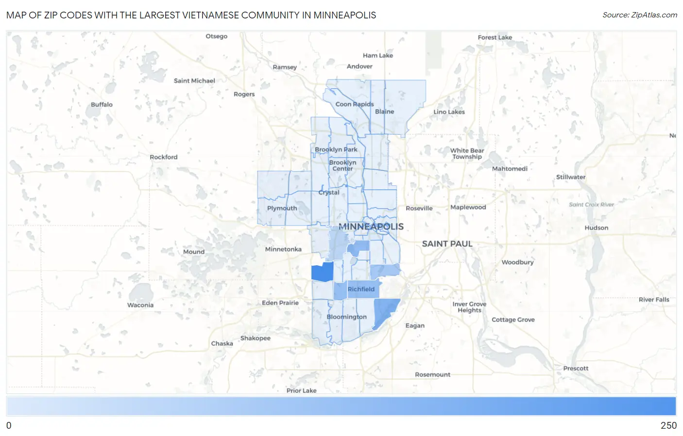 Zip Codes with the Largest Vietnamese Community in Minneapolis Map