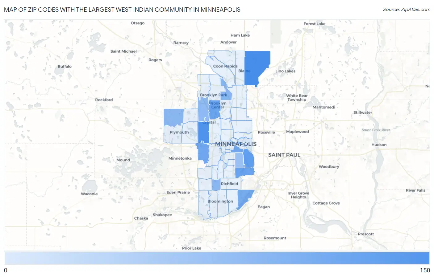 Zip Codes with the Largest West Indian Community in Minneapolis Map