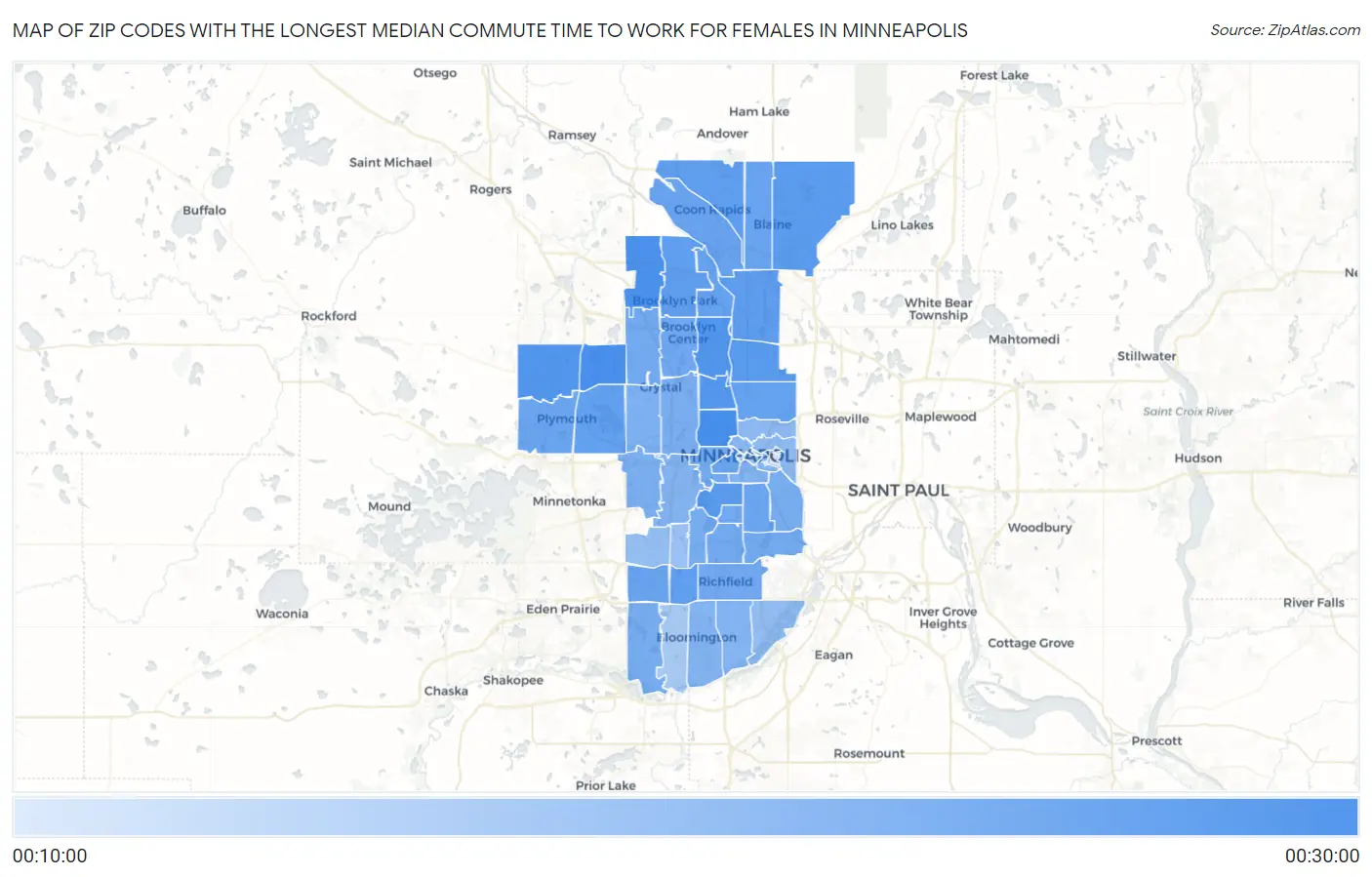 Zip Codes with the Longest Median Commute Time to Work for Females in Minneapolis Map