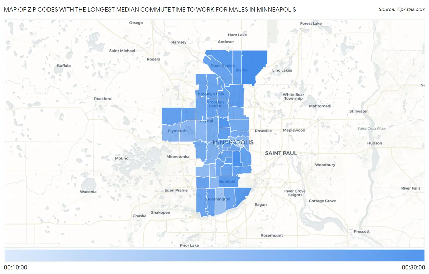 Zip Codes with the Longest Median Commute Time to Work for Males in Minneapolis Map