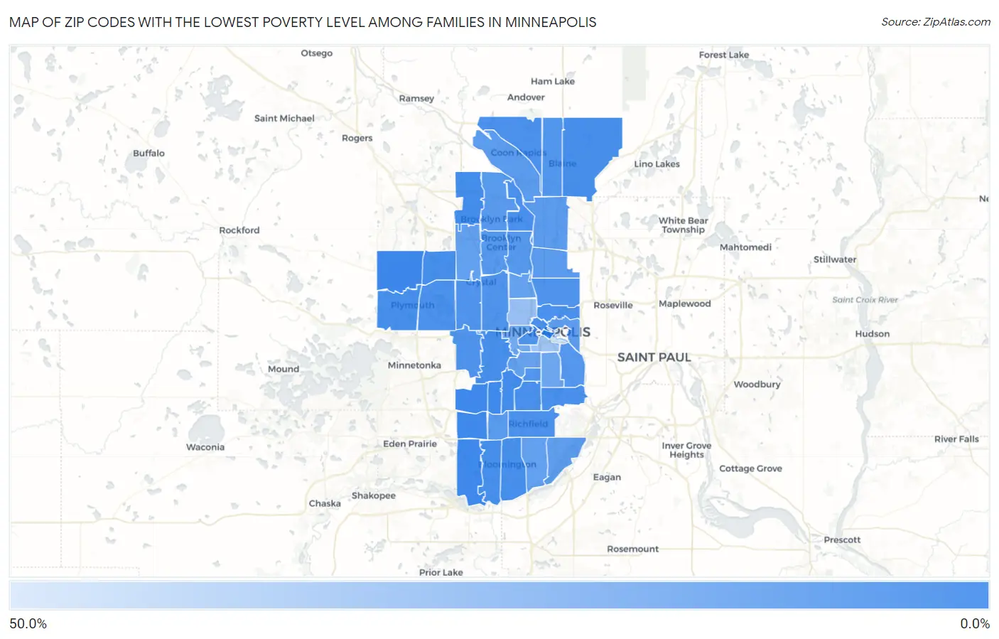 Zip Codes with the Lowest Poverty Level Among Families in Minneapolis Map