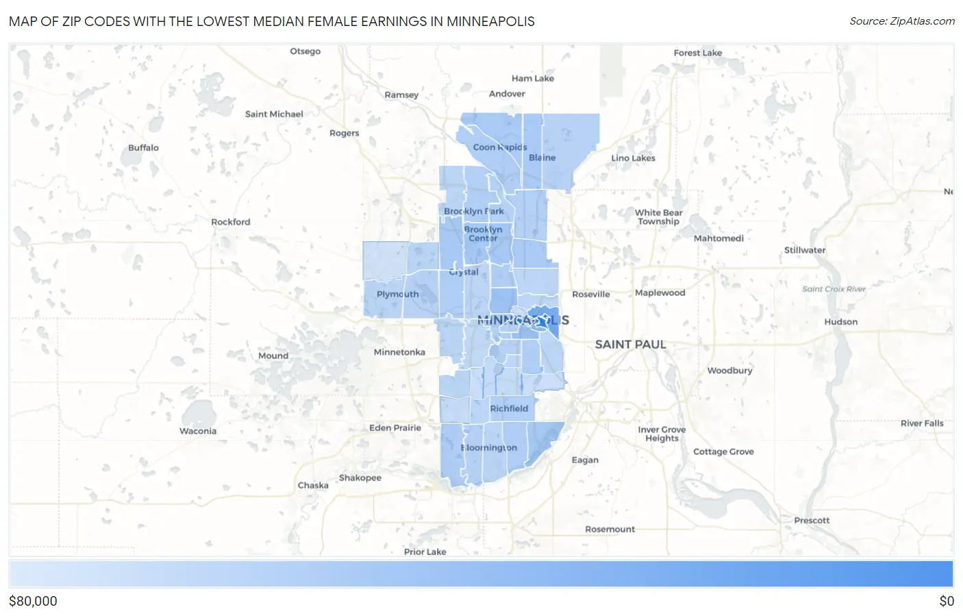 Zip Codes with the Lowest Median Female Earnings in Minneapolis Map