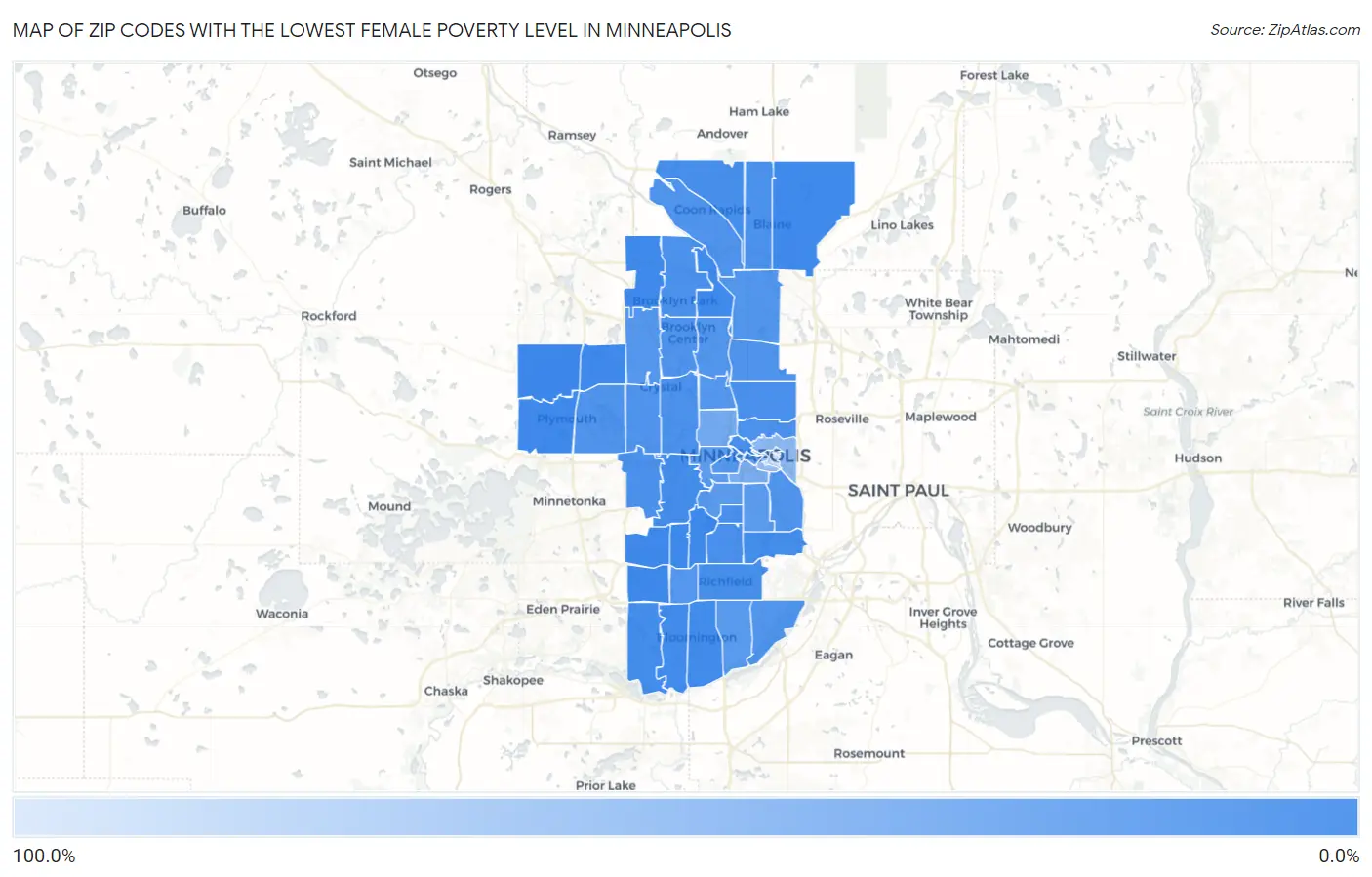 Zip Codes with the Lowest Female Poverty Level in Minneapolis Map
