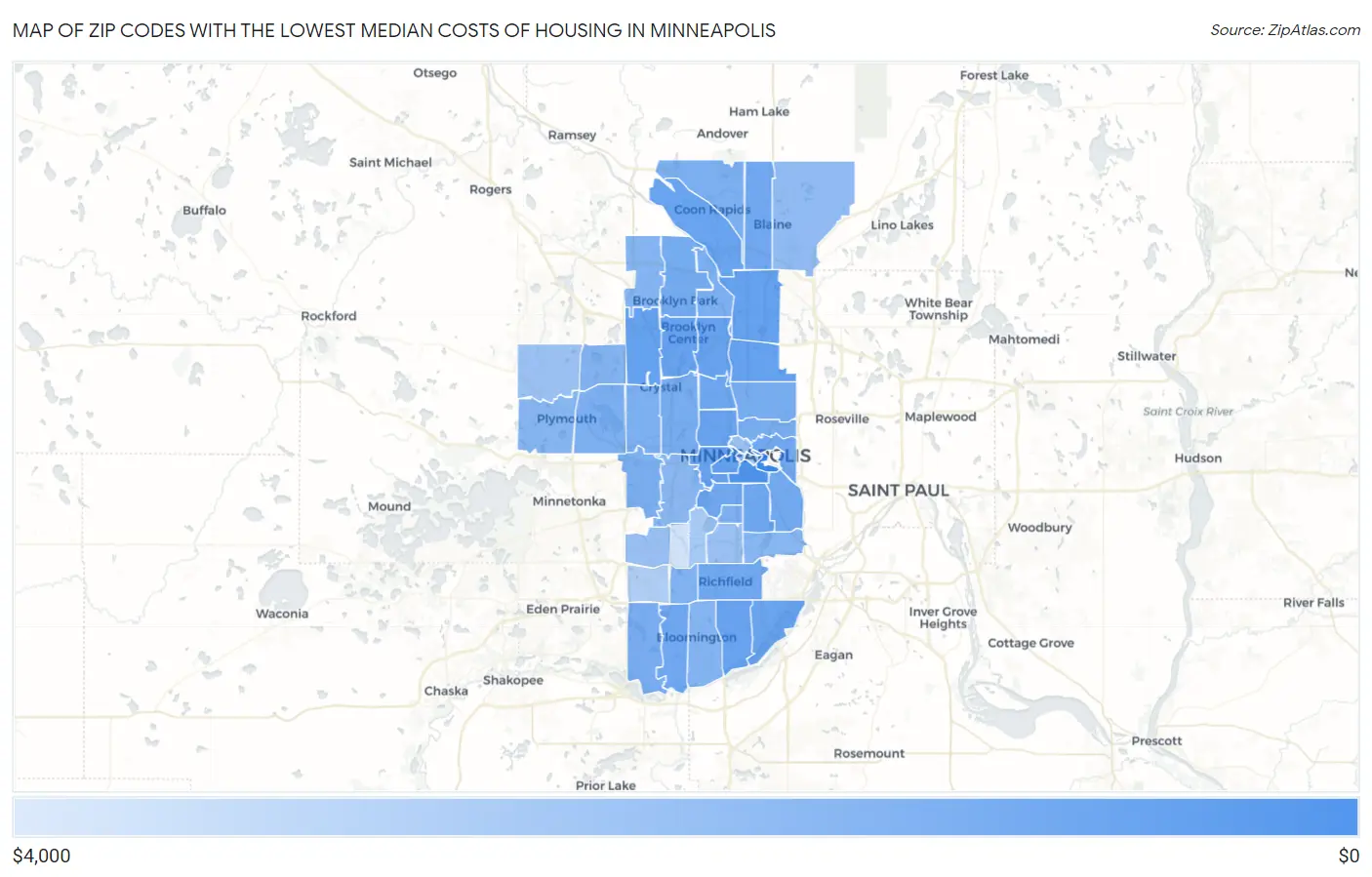 Zip Codes with the Lowest Median Costs of Housing in Minneapolis Map