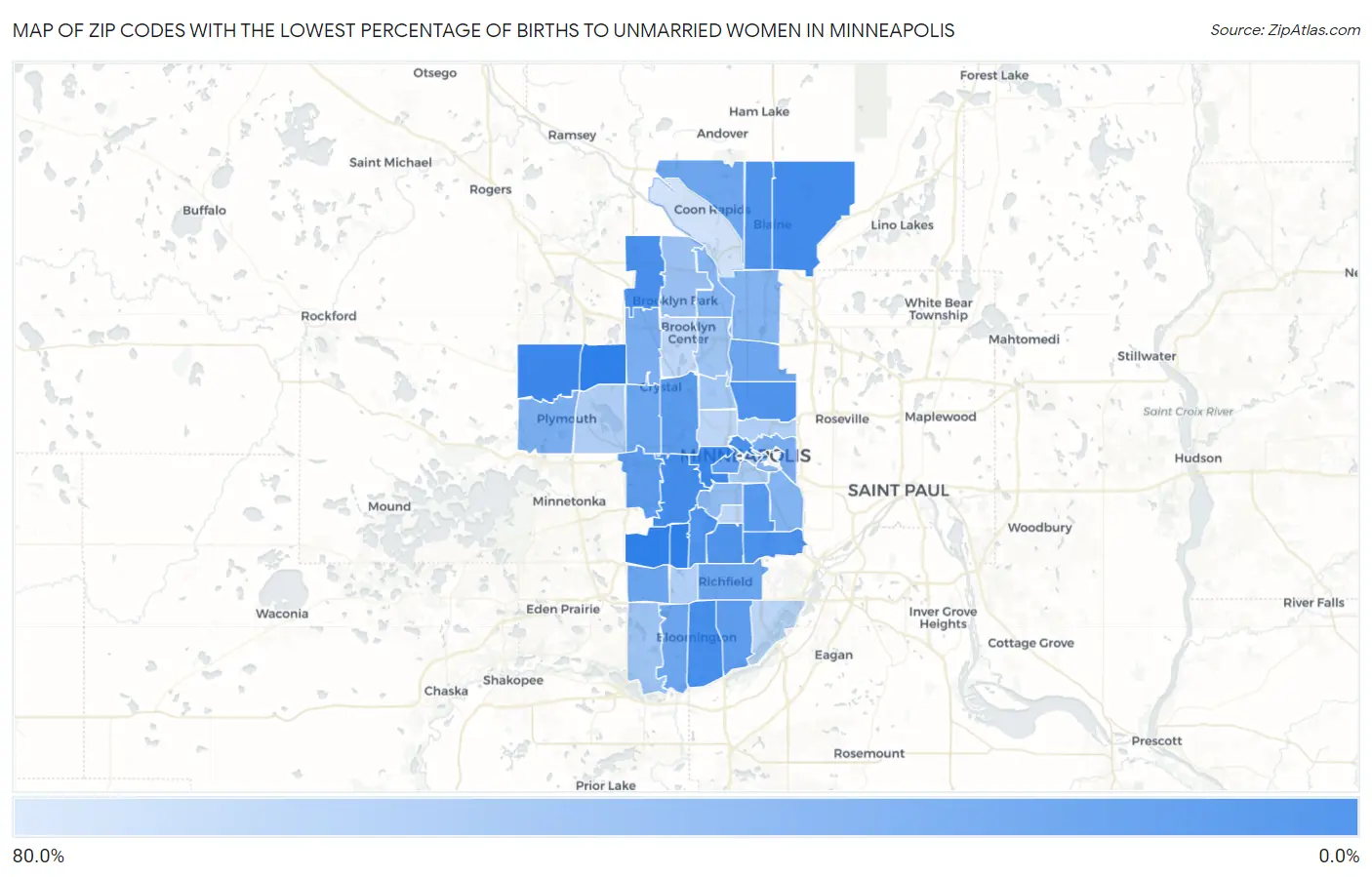 Zip Codes with the Lowest Percentage of Births to Unmarried Women in Minneapolis Map