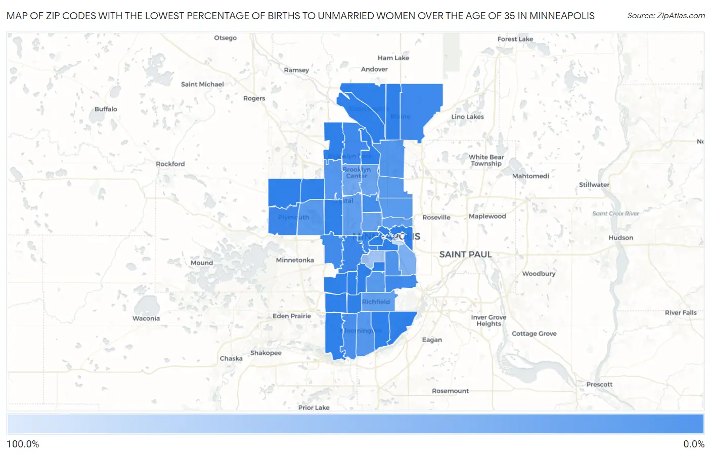 Zip Codes with the Lowest Percentage of Births to Unmarried Women over the Age of 35 in Minneapolis Map